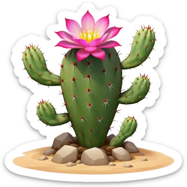 A desert-dwelling plant hybrid with cactus spines, blooming flower petals that change color with the temperature, and the ability to burrow underground with root-like limbs during sandstorms. sticker