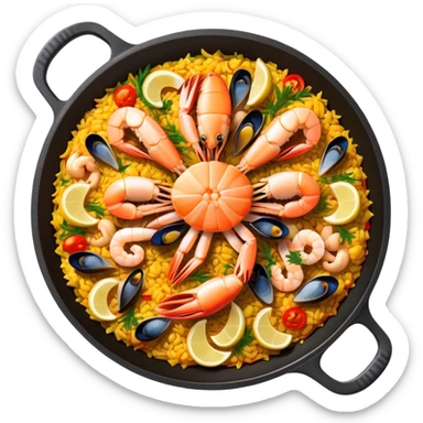Cinematic Realistic Paella Dish Emoji, depicted as a vibrant, aromatic rice dish loaded with seafood, chicken, and saffron rendered with rich textures and dynamic, warm lighting. sticker