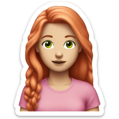 a white-skinned girl with long red hair and green eyes in a pink T-shirt sticker