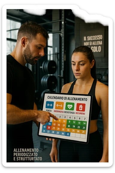 realistic cinematic photo a personal trainer and a client stand in a modern gym, reviewing a large, color-coded training calendar or chart on a tablet. The calendar shows different phases (Forza, Ipertrofia, Resistenza, Recupero) with icons and dates. Around them, gym equipment and motivational posters reinforce the idea of structured, periodized training. in italiano sticker