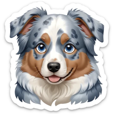 Cinematic Noble Tan Point Blue Merle Australian Shepherd Portrait Emoji, Poised and regal, with a strong, agile build and a striking coat featuring a blue merle base with bold tan points and crisp white accents, piercing blue eyes, Simplified yet sharp and sophisticated features, highly detailed, glowing with a soft, dignified glow, high shine, intelligent and loyal, stylized with an air of strength, focused and attentive, soft glowing outline, capturing the essence of a watchful and confident herder, so majestic it feels as though it could step out of the screen with effortless authority! sticker