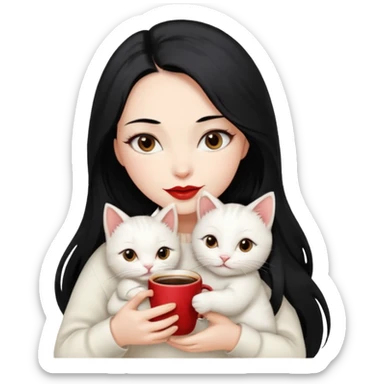 Beautiful Lady Long Hair black, Skin White, Sweater White , Big Red Lips, Eyes coffe, Huggie a One Little Baby Cat color Cream eyes coffe sticker