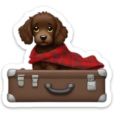 Chocolate colored doodle wearing a red and black flannel handkerchief with a carryon suitcase sticker