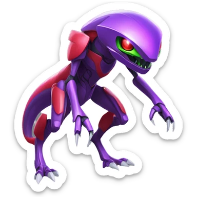 a shiny purple-green-red Genesect-Raptor-Fakémon—hybrid with a futuristic visor-helmet full body sticker