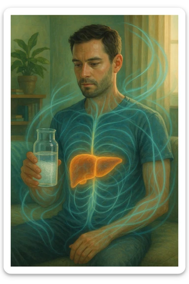 A man in a calm domestic environment, sitting with a transparent bottle or glass in hand containing an Epsom salt solution. He has a focused and aware expression. His body is partially transparent, with the liver highlighted brightly as if in a cleansing phase. Around the body, fluid energetic lines symbolize detoxification. The atmosphere is relaxed and natural, with warm light and green and blue tones representing health and purification. sticker