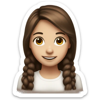 A sweet smiling girl with white skin and brown eyes touches her brown hair sticker