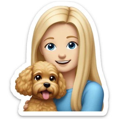 Blonde girl with very long straight hair and blue eyes is hugging a small caramel maltipoo and the dog is smiling  sticker