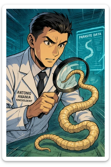 A dynamic manga/webtoon-style illustration of a young male kinesiologist wearing a clean white lab coat, analyzing light beige worms like a tapeworm under a magnifying glass. His expression is focused and slightly intrigued, with sharp, detailed eyes. The art style is vibrant, with bold linework, rich colors, and dramatic lighting. The background is a futuristic laboratory with glowing holographic screens displaying parasite data. The tapeworm is intricately drawn, slimy and segmented, with a slightly exaggerated yet realistic texture. The composition is dynamic, with motion lines or energy effects to emphasize his scientific investigation. The atmosphere is intense but not dark, keeping a balance between scientific seriousness and stylish manga aesthetics, he has "ANTONIO ANANIA" WRITTEN ON WHITE LAB COAT sticker