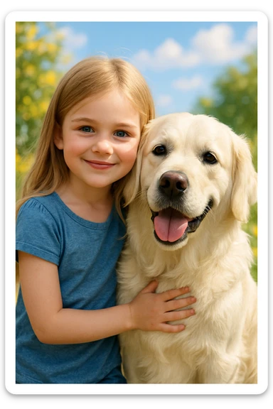 dirty blonde girl with long hair and dark blue eyes, standing with an English cream golden retriever, friendly and warm scene sticker
