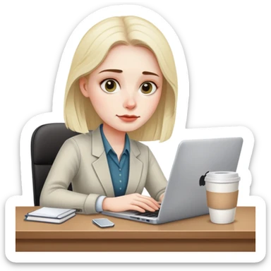 tired office worker slouched at desk with dark circles under eyes, laptop, coffee cup sticker