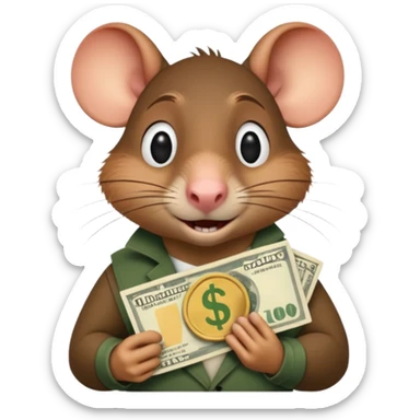 roddy the rat from the movie Flushed Away, holding cash sticker