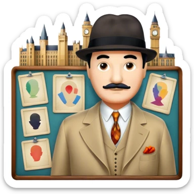 Icon for Detective Movies: A colorful collage with Hercule Poirot and mysterious city backdrop. Include a board with photos of suspects, clues like fingerprints and a crime scene. Retro movie poster style. Transparent background. sticker