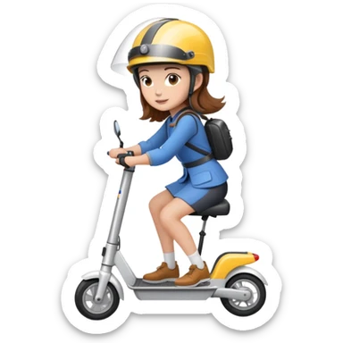 Lady with brown hair riding an electric scooter wearing a helmet  sticker