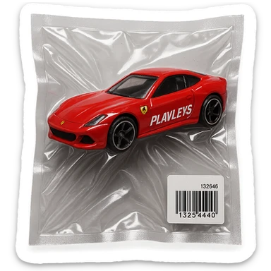 red Ferrari Hot Wheels car in packaging, 'PLAVLEYS' in italic racing font on the side, glossy and puffy vacuum-sealed style sticker