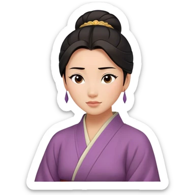 Cinematic Serene Mulan Portrait Emoji, rendered in a simplified vector style. Depict a gentle Mulan (chest and above) with warm, radiant skin, sleek dark hair pulled back in a neat bun, and a calm, thoughtful expression, wearing a simple traditional robe in muted hues. The design glows softly with an elegant, inviting light. sticker