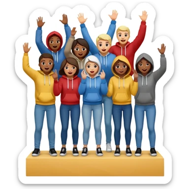 multi-racial group on a winners’ podium, middle step higher, no numbers, all in jeans and hoodies, very excited, fun, expressive emoji style sticker