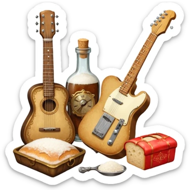 steampunk victorian - a bottle of salt (salt shaker) and a loaf of peasant bread with a small electric telecaster guitar - still life composition sticker