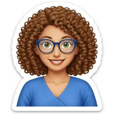 40 yr old Iranian woman, light brown very curly thick hair, shoulder length hair, green eyes, tan skin, big smile, big glasses, with pretty blue dress sticker