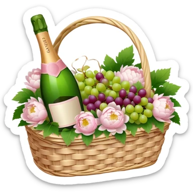 White Picnic basket with light pink bow, white peonies, grapes and one pink champage bottle inside sticker