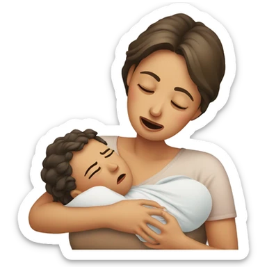 European mother crying with newborn sticker