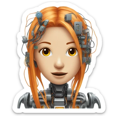 Head of female robot with long orange hair and circuits sticker