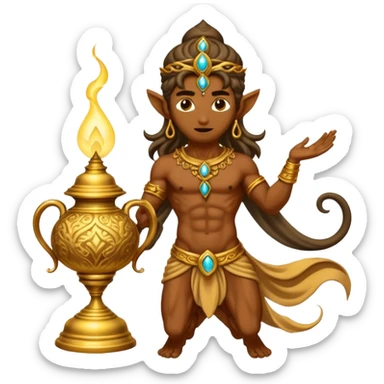mystical fantasy illustration of a powerful jinn emerging from an ancient golden lamp.  sticker