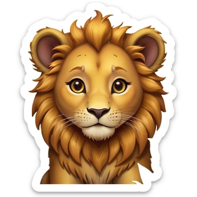 Cinematic Cute Lion Cub Portrait Emoji, Head tilted playfully and inquisitively, featuring a glossy tawny Fur with a lush mane and round, sparkling amber eyes filled with curious mischief, Simplified yet irresistibly adorable features, highly detailed, glowing with a warm, friendly glow, high shine, affectionate and spirited, stylized with a touch of jungle whimsy, bright and endearing, soft glowing outline, capturing the essence of a mischievous yet loving Lion Cub, so playful it feels like it could pounce out of the screen and into your arms! sticker