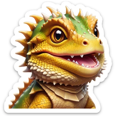 Cinematic Cute Bearded Dragon Portrait Emoji, Head tilted playfully and inquisitively, featuring a glossy, scaled hide in warm olive hues with an adorably scrunched spiky beard and round, sparkling eyes full of curious mischief, Simplified yet irresistibly adorable features, highly detailed, glowing with a warm, friendly glow, high shine, affectionate and lively, stylized with a touch of rugged whimsy, bright and endearing, soft glowing outline, capturing the essence of a mischievous yet loving dragon, so playful it feels like it could scamper out of the screen into your arms! sticker