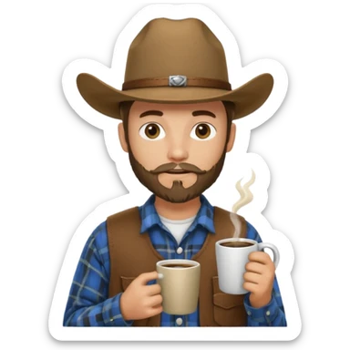 generate an ios genmoji of a 20 year old tan boy with a cowboy hat and mutton chop beard. Wearing a flannel and carrying a coffee mug sticker