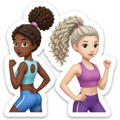 three women friends exercising together, one black woman with curly brown hair, one pale white woman with curly brown hair, and one pale white woman with straight brown hair in a ponytail sticker