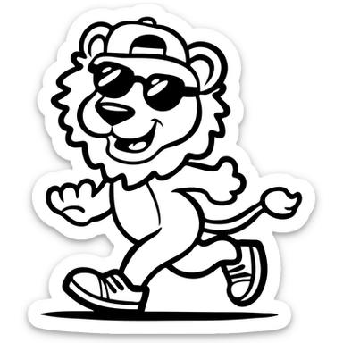playful lion mascot in black-and-white, striding with confidence, sunglasses, backwards cap, sneakers, bold thick outlines, no internal color, vintage rubber hose animation style sticker