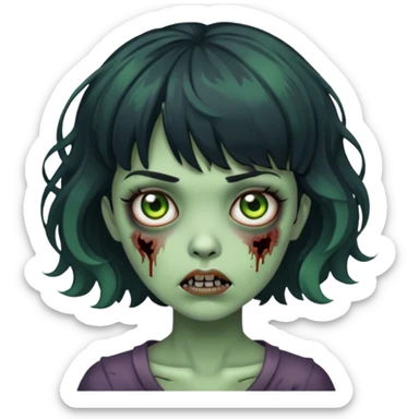 zombie girl with short wavy hair and black bangs, greenish skin sticker