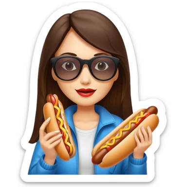 tourist brunette long hair woman with sunglasses holding hot dog sticker