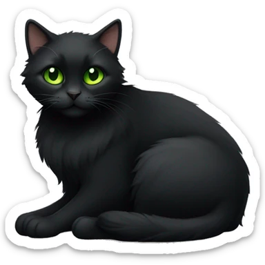 Black extra furry cat fully body laying down with green eyes sticker