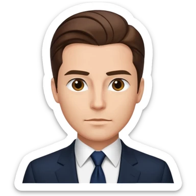 Caucasian man with slicked back brown hair, black suit, navy tie, sophisticated sticker