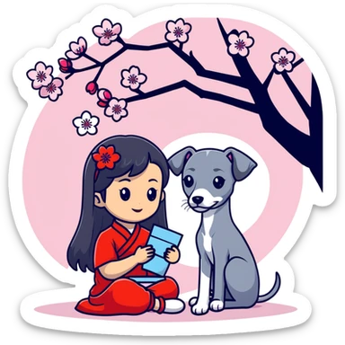A young Chinese girl with long black hair and a pure grey Italian Greyhound with no white markings sitting under a cherry blossom tree sticker