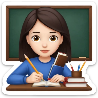 A girl with white skin and dark brown hair studying sticker