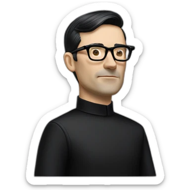 small photo realistic Ralf Hutter from Kraftwerk, short straight black hair, black glasses, thin, black shirt, side view, riding open top black tesla model 3 sticker