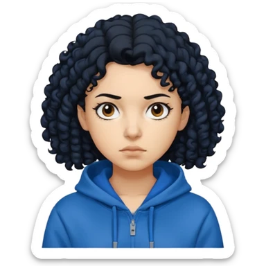 A woman with curly black hair, wearing a blue-black hoodie, and a slightly serious expression on her face. sticker