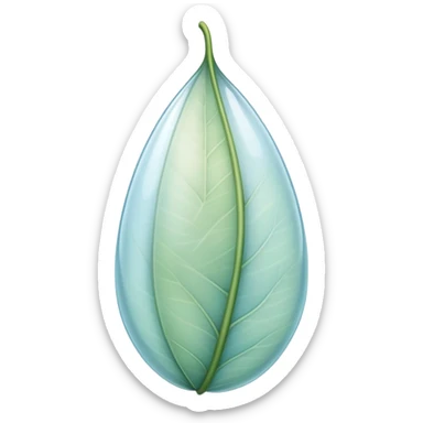delicate cocoon-shaped leaf, translucent texture, soft curved lines, floating with light aura, gentle green-blue hues, warm earth undertones sticker