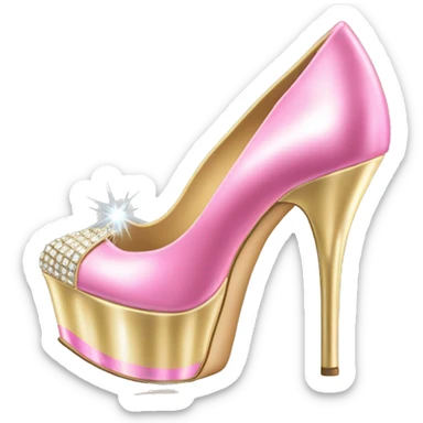 Realistic isolated top view of a pair of metallic light gold and metallic light bubblegum pink pointed toe high heel shoes with diamonds on the top of the toes. sticker