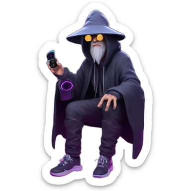 Gandalf wearing a black hoodie with "OMG" letters on it and VR headset in a cyberpunk VR environment with violet neon lighting. sticker