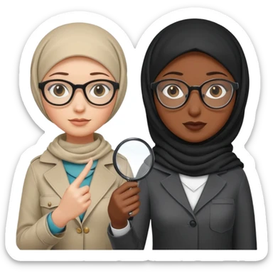 one white woman with hijab and glasses detective + one black woman without hijab and glasses detective  hand lens in one hand, hat etc sticker