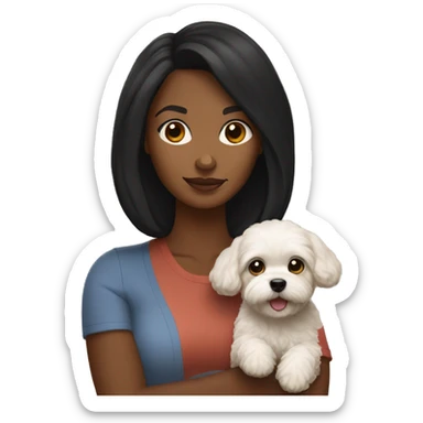 Brown skinned woman with black hair holding MaltiPoo dog sticker