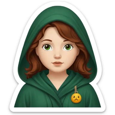 A white woman with a chubby face, with long dark auburn hair robed and hooded like she's a Traitor in the tv show The Traitors. her hair is slightly curly, but kinda frizzy, not with defined curls, and the robe is a very dark green color sticker