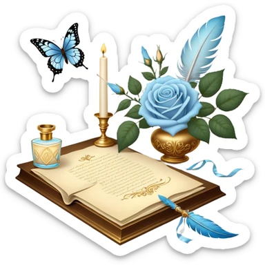 A dreamy, romantic scene of a candle-lit desk with an open love letter, a feather quill dipped in golden ink, an ornate perfume bottle, and a bouquet of pale blue roses resting beside a pearl-adorned butterfly.
 sticker