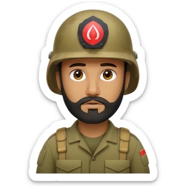 very tired, swarthy, Iraqi soldier in a helmet, helmet without insignia, with a beard sticker