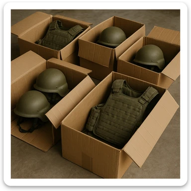 military equipment in boxes, realistic style, boxes partially open, visible helmets and bulletproof vests sticker