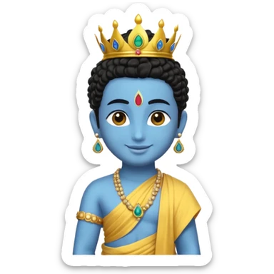 Create a Jesus, Krishna, and Buddha standing together. Krishna: bright blue skin, black curly hair tied in a small topknot, a tiny golden crown decorated with a peacock feather, wearing a yellow dhoti and light golden jewelry

 sticker
