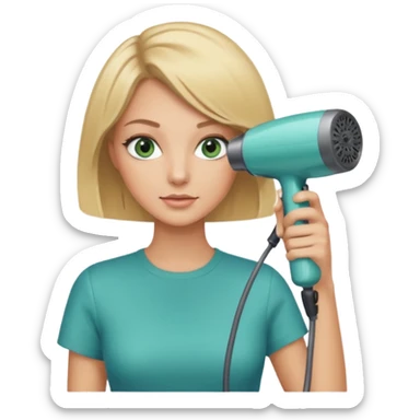 Blonde bob girl hair stylist with blue green eyes holding a hair dryer sticker